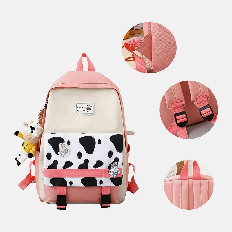 5 Stk Canvas Preppy Cow Pattern Multifunksjon Combination Bag Ryggsekk Tote Crossbody Bag Clutch Lommebok