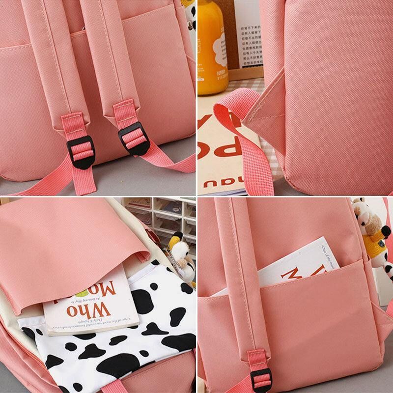 5 Stk Canvas Preppy Cow Pattern Multifunksjon Combination Bag Ryggsekk Tote Crossbody Bag Clutch Lommebok