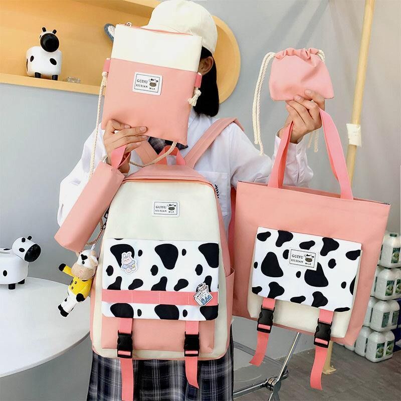 5 Stk Canvas Preppy Cow Pattern Multifunksjon Combination Bag Ryggsekk Tote Crossbody Bag Clutch Lommebok