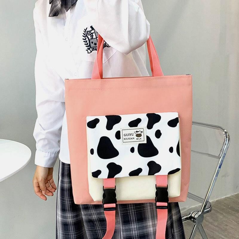 5 Stk Canvas Preppy Cow Pattern Multifunksjon Combination Bag Ryggsekk Tote Crossbody Bag Clutch Lommebok