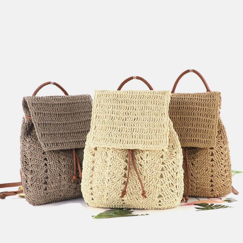 Dame Mori Series String Straw Bag Dual-Use Woven Bag Retro Beach Bag Ryggsekk