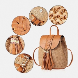 Kvinner Tassel Straw Bag Retro Beach Bag Ryggsekk Bucket Bag