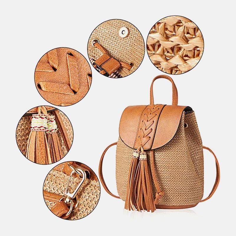 Kvinner Tassel Straw Bag Retro Beach Bag Ryggsekk Bucket Bag