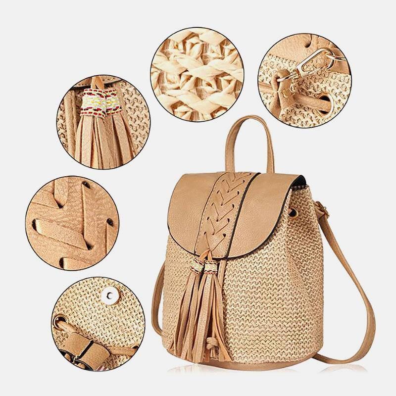 Kvinner Tassel Straw Bag Retro Beach Bag Ryggsekk Bucket Bag