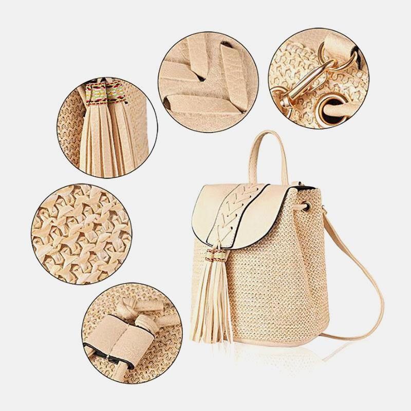 Kvinner Tassel Straw Bag Retro Beach Bag Ryggsekk Bucket Bag