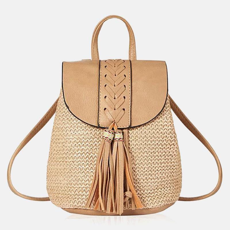 Kvinner Tassel Straw Bag Retro Beach Bag Ryggsekk Bucket Bag