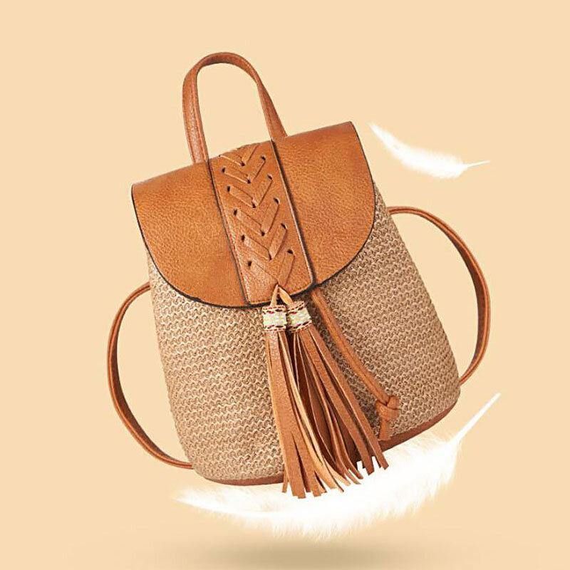 Kvinner Tassel Straw Bag Retro Beach Bag Ryggsekk Bucket Bag