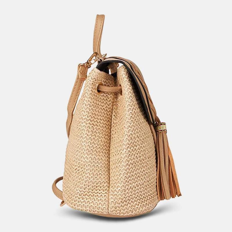 Kvinner Tassel Straw Bag Retro Beach Bag Ryggsekk Bucket Bag