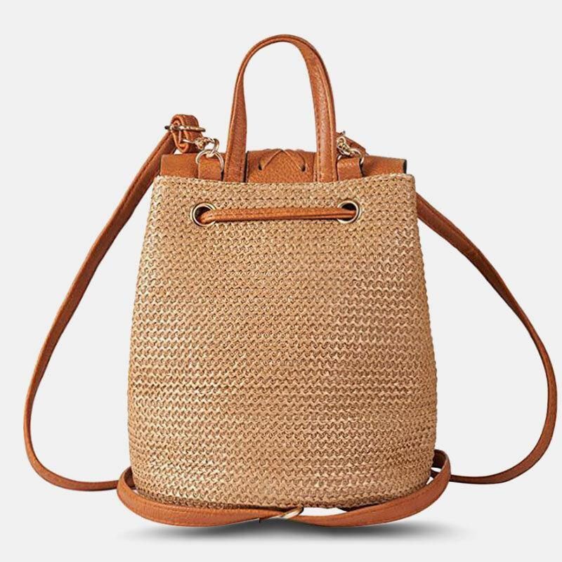 Kvinner Tassel Straw Bag Retro Beach Bag Ryggsekk Bucket Bag