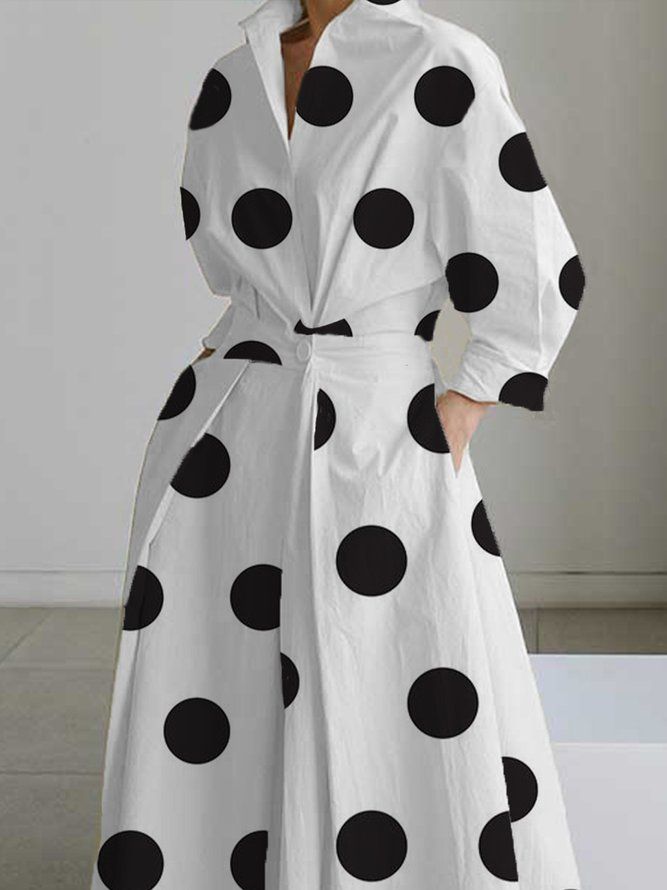 Elegant Skjortekrage Polka Dots Lommer Midi-Kjole