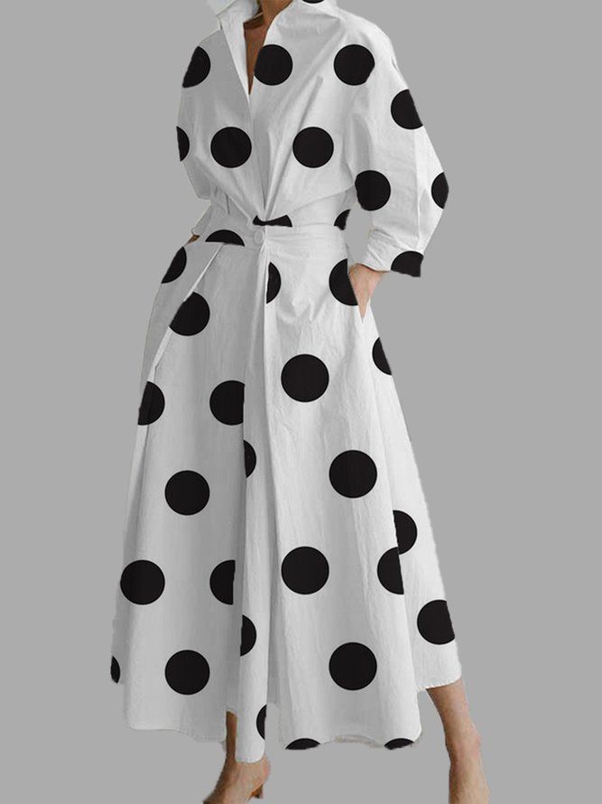 Elegant Skjortekrage Polka Dots Lommer Midi-Kjole