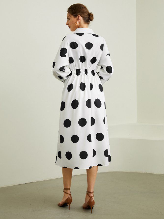 Elegant Skjortekrage Polka Dots Lommer Midi-Kjole