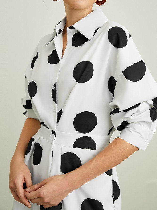 Elegant Skjortekrage Polka Dots Lommer Midi-Kjole