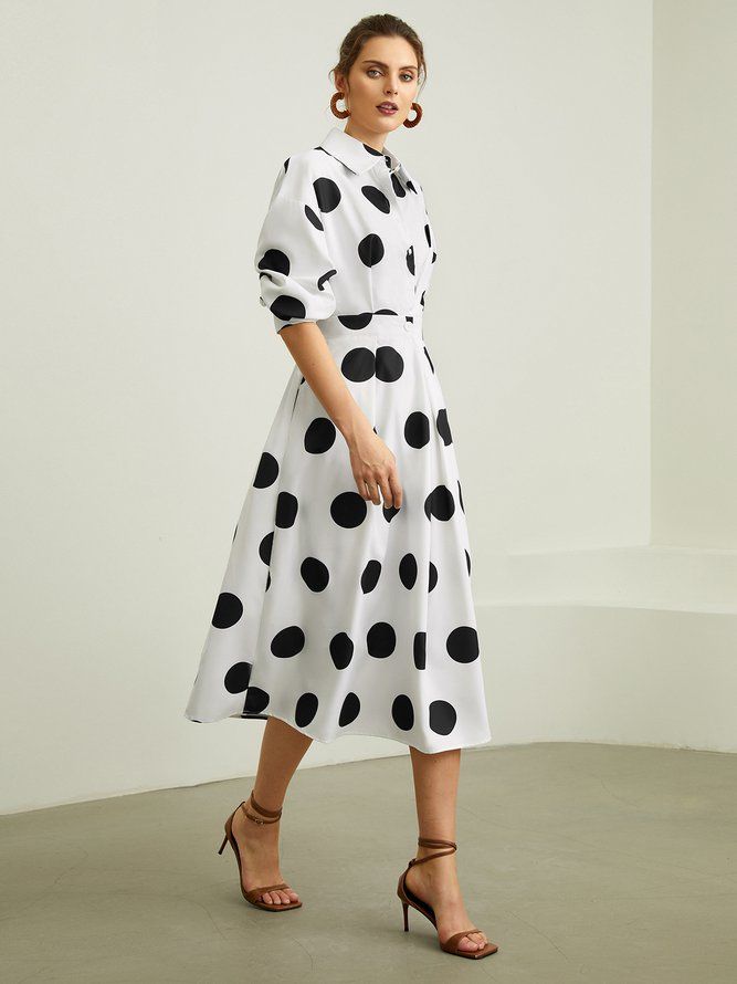 Elegant Skjortekrage Polka Dots Lommer Midi-Kjole