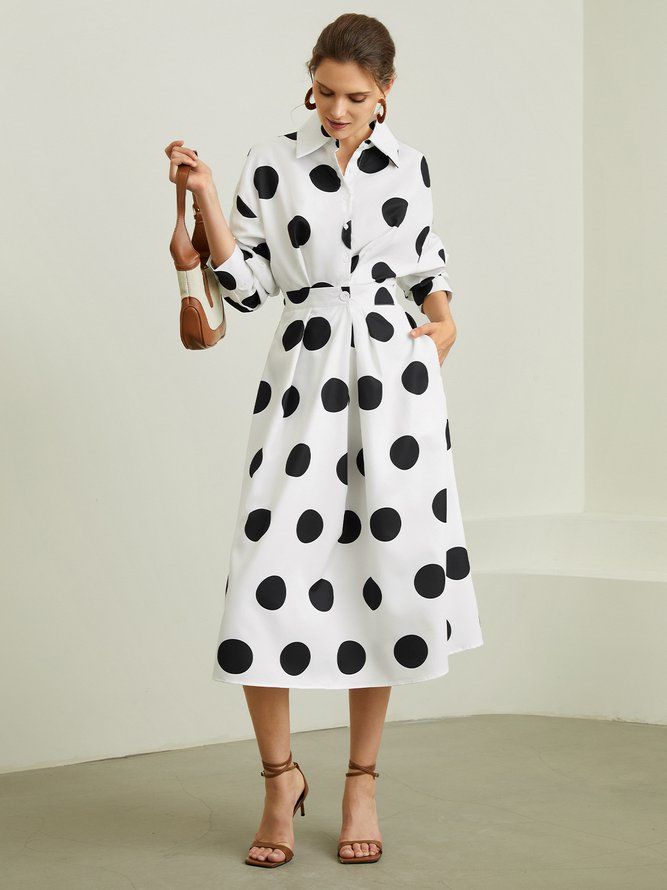 Elegant Skjortekrage Polka Dots Lommer Midi-Kjole