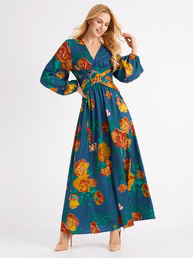 Ferie Langermet Floral V-Hals Regular Fit Maxi Dress