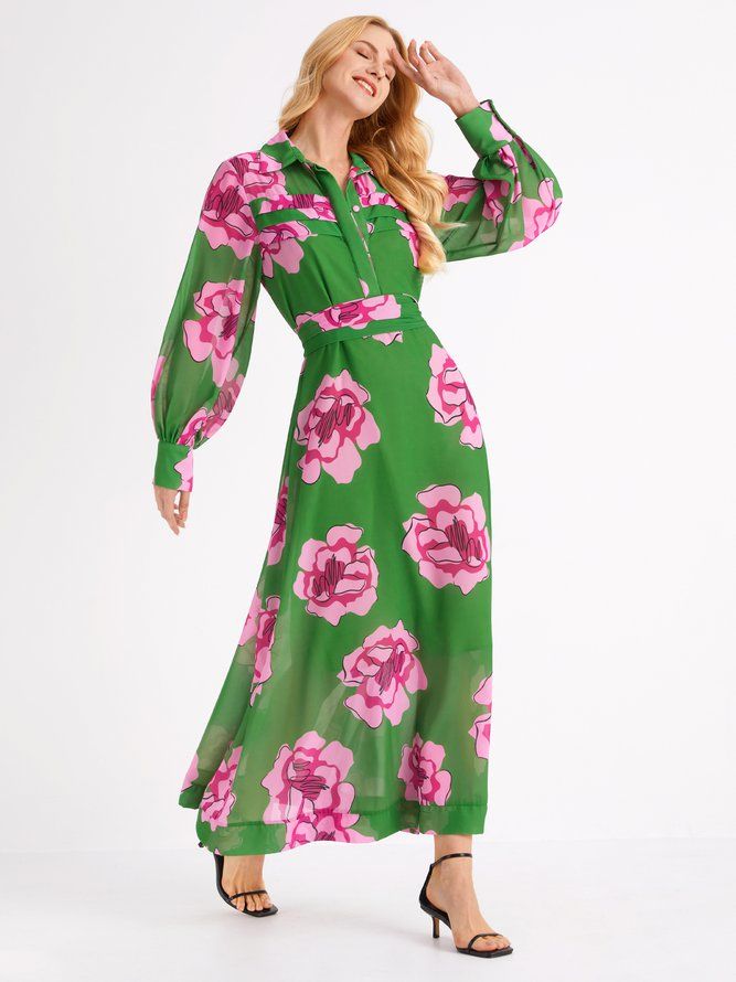 Vacation Shirt Collar Floral Dress (Slipkjole Inkludert)