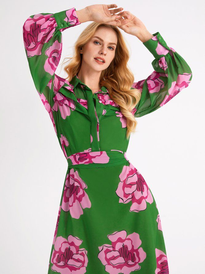 Vacation Shirt Collar Floral Dress (Slipkjole Inkludert)