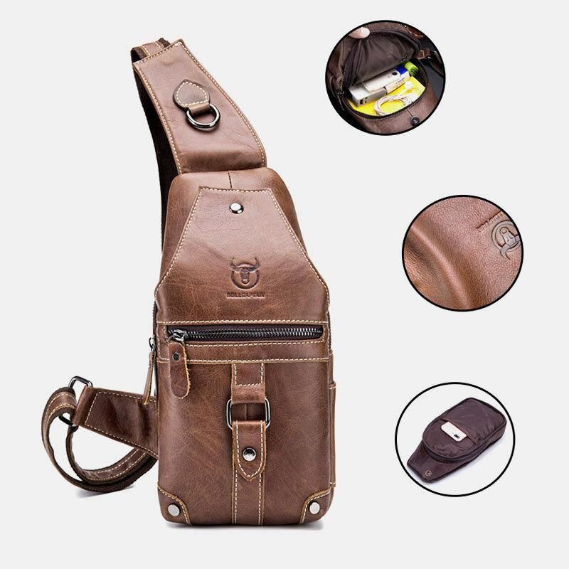 Menn Ekte Lær Multi-Lomme Anti-Tyveri Slitasjebestandig Vintage Uformelt Crossbody Bag Brystveske