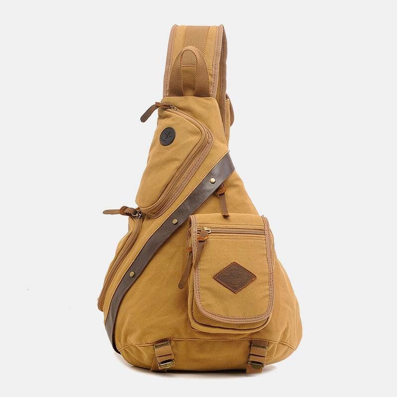 Menn Ekte Lær Og Lerret Reiser Utendørs Bæreveske Multi-Pocket Crossbody Bag Brystveske