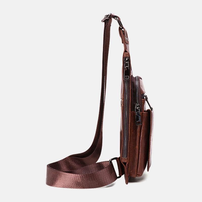 Menn Ekte Skinn Retro Business Skinn Brystveske Crossbody Bag Med Øretelefonhull