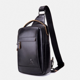 Menn Ekte Skinn Retro Business Casual Ensfarget Skinn Skulderveske Crossbody Bag Brystveske