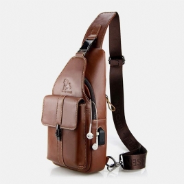 Menn Ekte Skinn Usb-Lading Retro Casual Kuskinn Brystveske Sling Bag Crossbody Bag