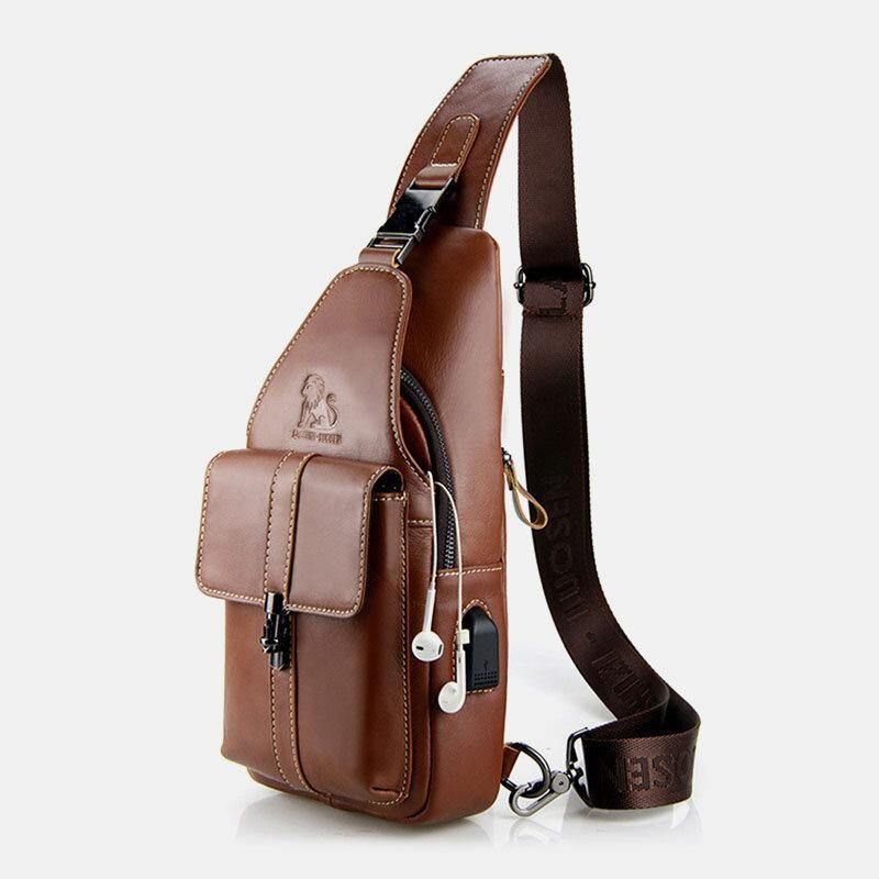 Menn Ekte Skinn Usb-Lading Retro Casual Kuskinn Brystveske Sling Bag Crossbody Bag