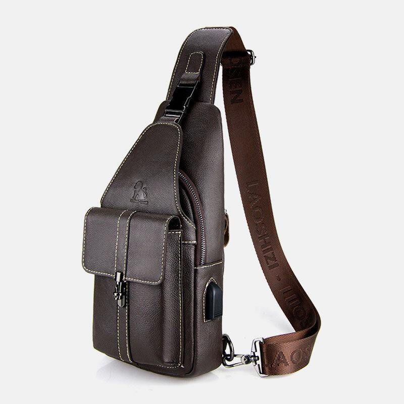 Menn Ekte Skinn Usb-Lading Retro Casual Kuskinn Brystveske Sling Bag Crossbody Bag