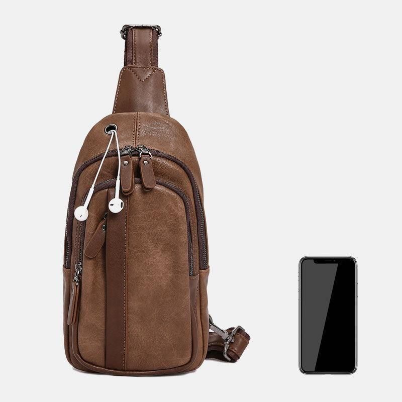 Menn Pu Leather Multi-Pocket Øretelefon Hull Crossbody Bag Bryst Bag Sling Bag
