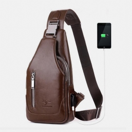 Menn Pu-Skinn Business Casual Utendørs Vanntett Multi-Bære Skulderveske Crossbody Bag Brystveske Med Usb-Lading