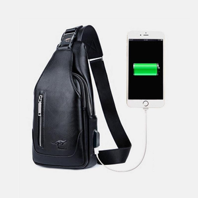 Menn Pu-Skinn Business Casual Utendørs Vanntett Multi-Bære Skulderveske Crossbody Bag Brystveske Med Usb-Lading