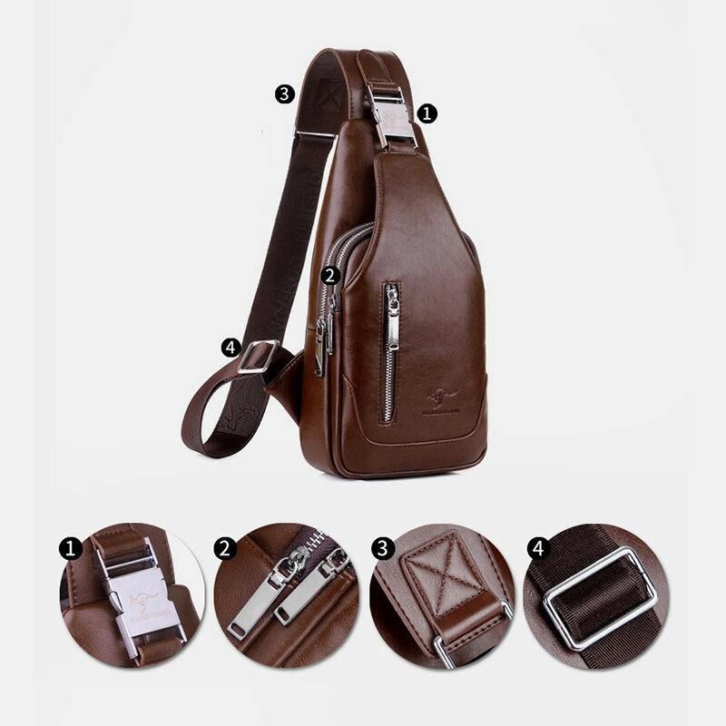 Menn Pu-Skinn Business Casual Utendørs Vanntett Multi-Bære Skulderveske Crossbody Bag Brystveske Med Usb-Lading