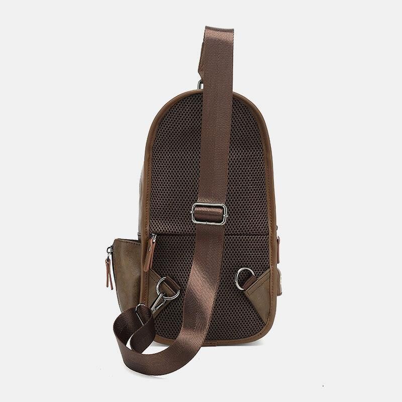 Menn Pu-Skinn Vintage Multifunksjons Øretelefonhull Usb-Lading Crossbody Bag Brystveske Sling Bag