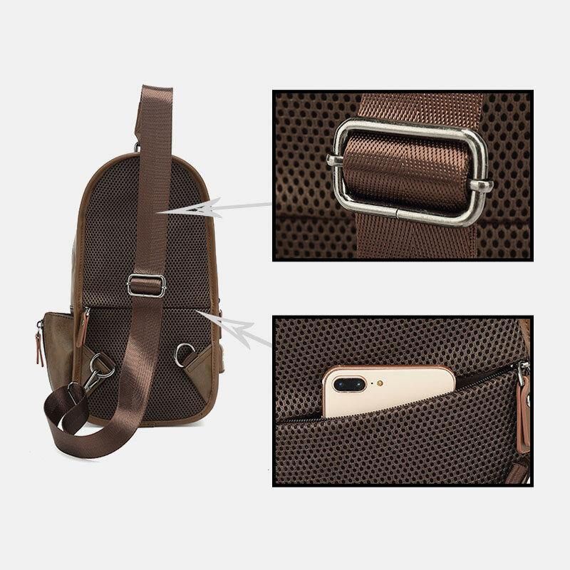 Menn Pu-Skinn Vintage Multifunksjons Øretelefonhull Usb-Lading Crossbody Bag Brystveske Sling Bag