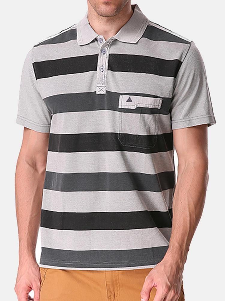 Stripete Trykte T-Skjorter I Myk Bomull For Menn Uformell Golfskjorte Med Turn-Down Krage