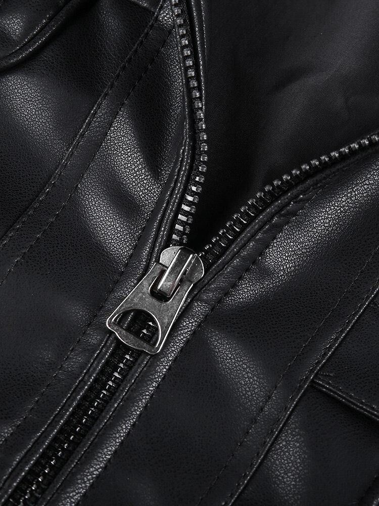 Herre Pocket Zip-Up Pu-Skinn Svart Langermet Motorsykkeljakke