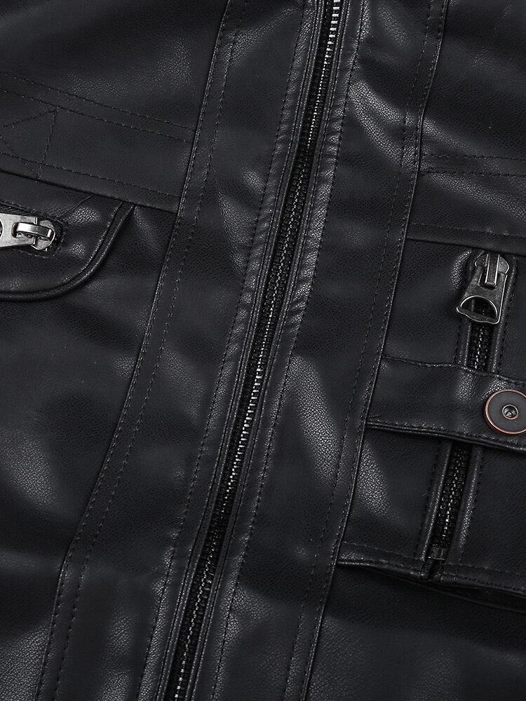 Herre Pocket Zip-Up Pu-Skinn Svart Langermet Motorsykkeljakke