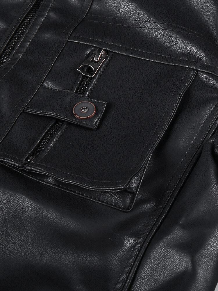 Herre Pocket Zip-Up Pu-Skinn Svart Langermet Motorsykkeljakke