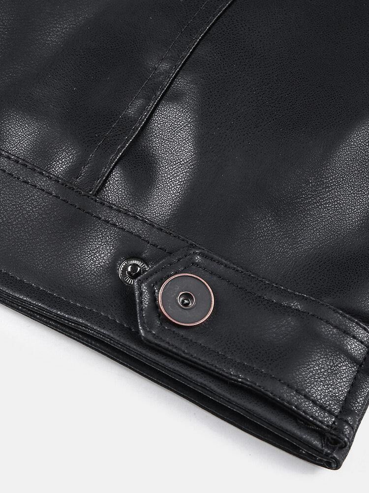 Herre Pocket Zip-Up Pu-Skinn Svart Langermet Motorsykkeljakke