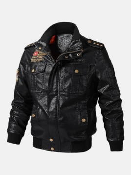 Herre Pu Leather Badge Zip Front Biker-Jakker Med Klafflommer