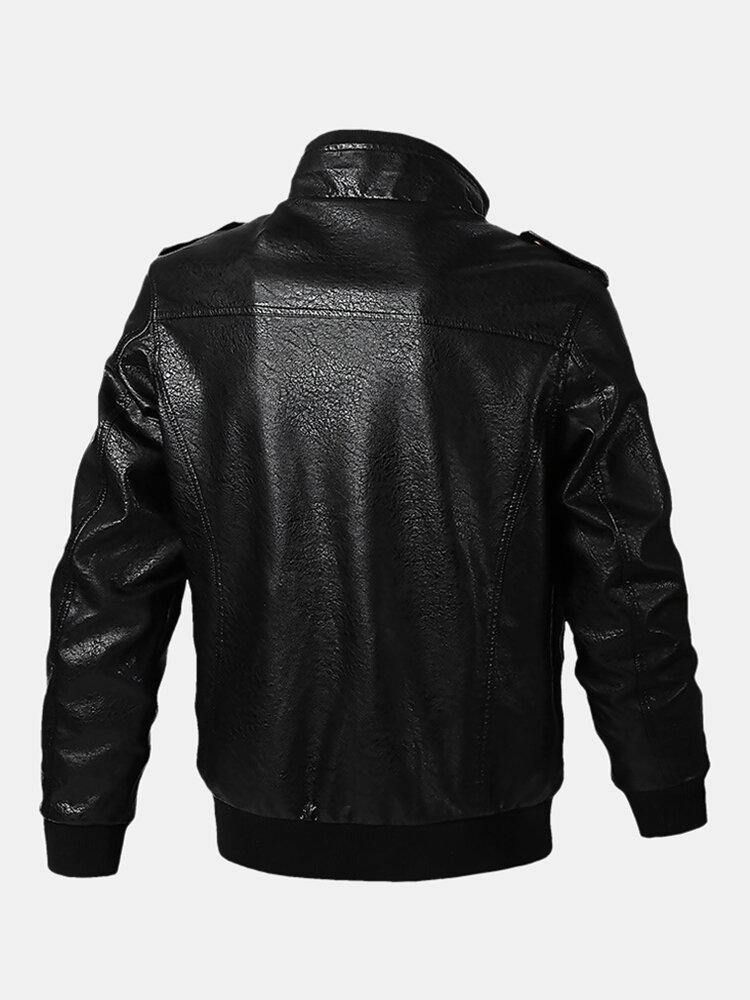 Herre Pu Leather Badge Zip Front Biker-Jakker Med Klafflommer