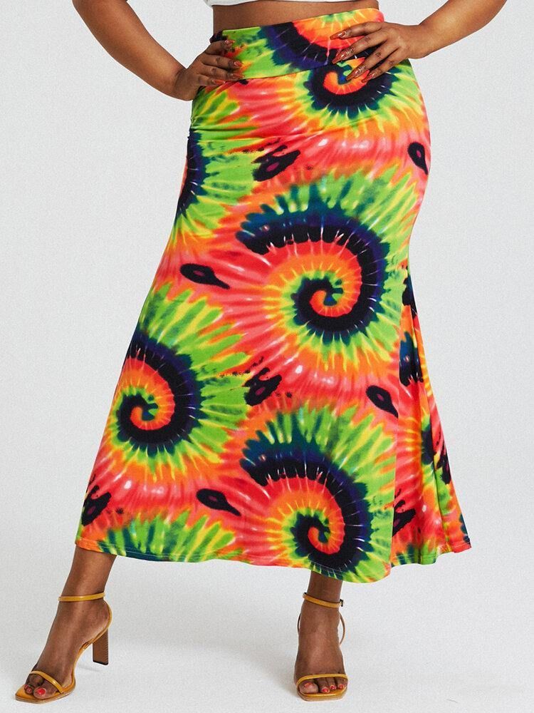 Bohemia Tie Dye Print Høy Midje Rumpe Bodycon Langt Skjørt