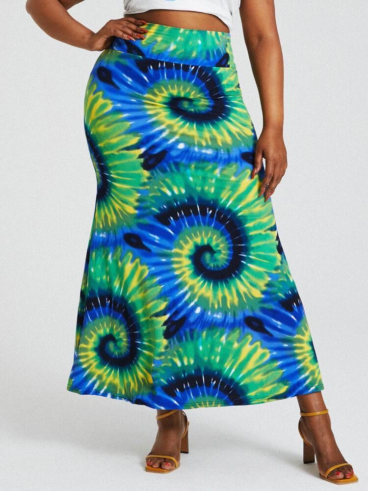 Bohemia Tie Dye Print Høy Midje Rumpe Bodycon Langt Skjørt