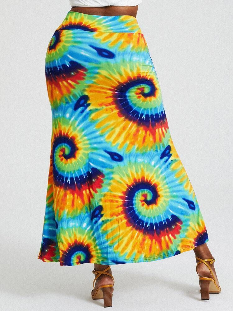 Bohemia Tie Dye Print Høy Midje Rumpe Bodycon Langt Skjørt