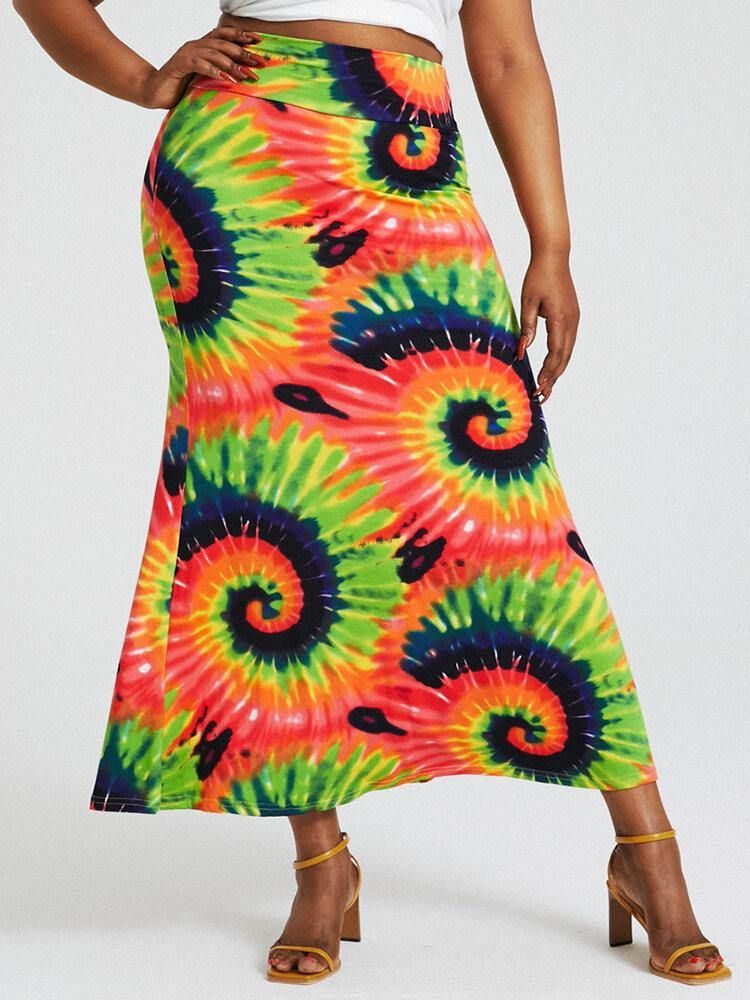 Bohemia Tie Dye Print Høy Midje Rumpe Bodycon Langt Skjørt