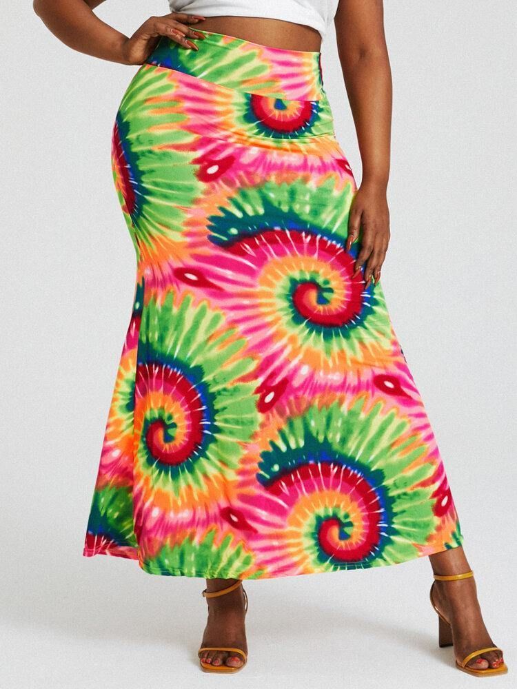 Bohemia Tie Dye Print Høy Midje Rumpe Bodycon Langt Skjørt