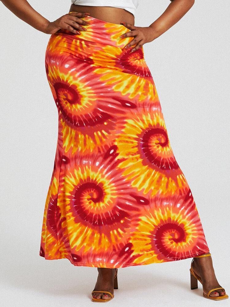 Bohemia Tie Dye Print Høy Midje Rumpe Bodycon Langt Skjørt