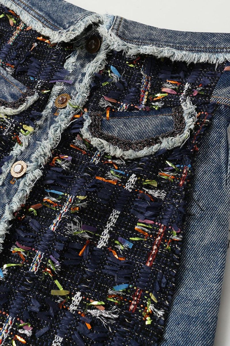 Gawqo Raw Hem Dekorative Ribbon Button Up Denimskjørt