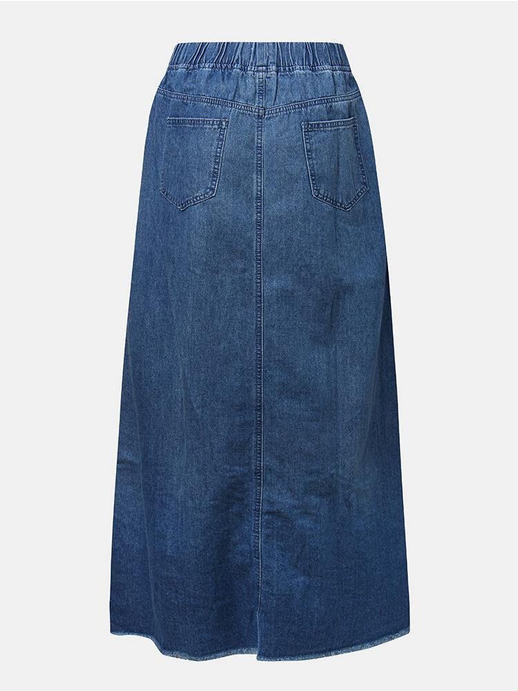 Kvinner Distressed Ensfarget Elastisk Midje Løst Denimskjørt Med Lomme